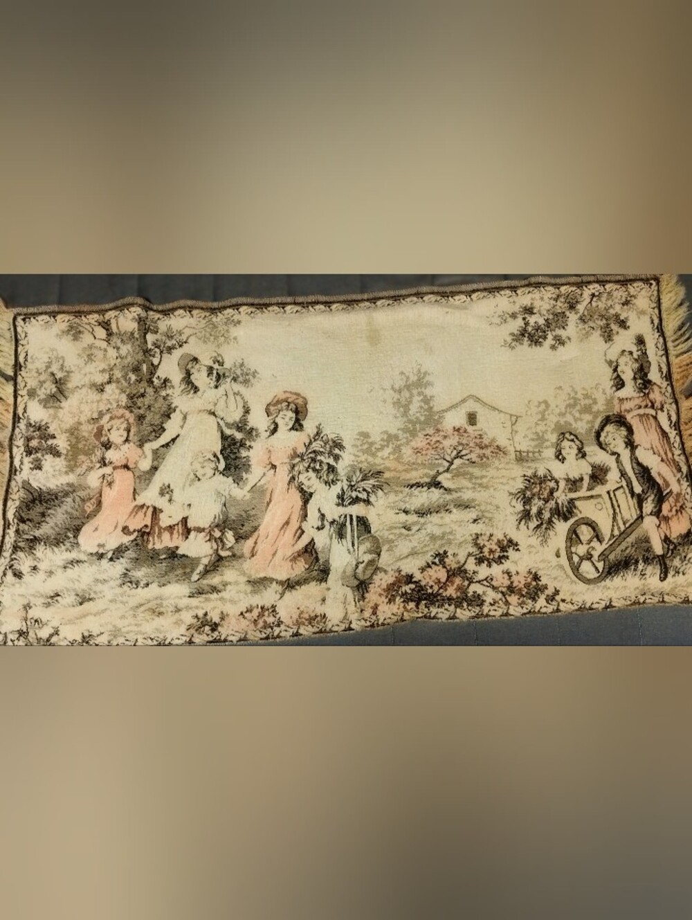 Vintage Jacquard Woven Tapestry French Country Pastoral Scene 56 x17